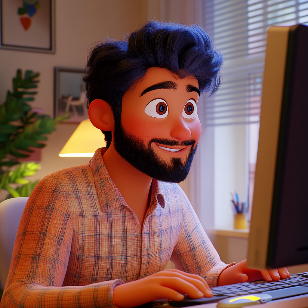 3D Pixar themed Hispanic man happy working on computer.