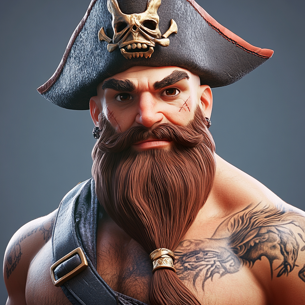 3D RedBeard pirate with tattoos, beard, pirate hat, bald.