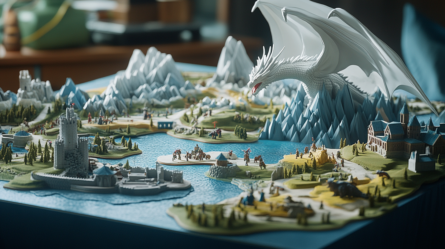 3D Tabletop Landscape with Map, Figures, and Dragon