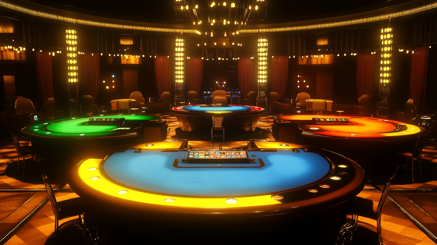 3D animated casino hall with serious tone and colorful tables.