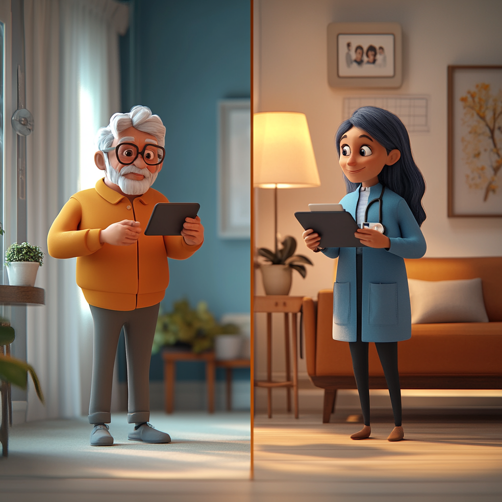 3D animation split-screen: character self-directs care, coordinates with agency.