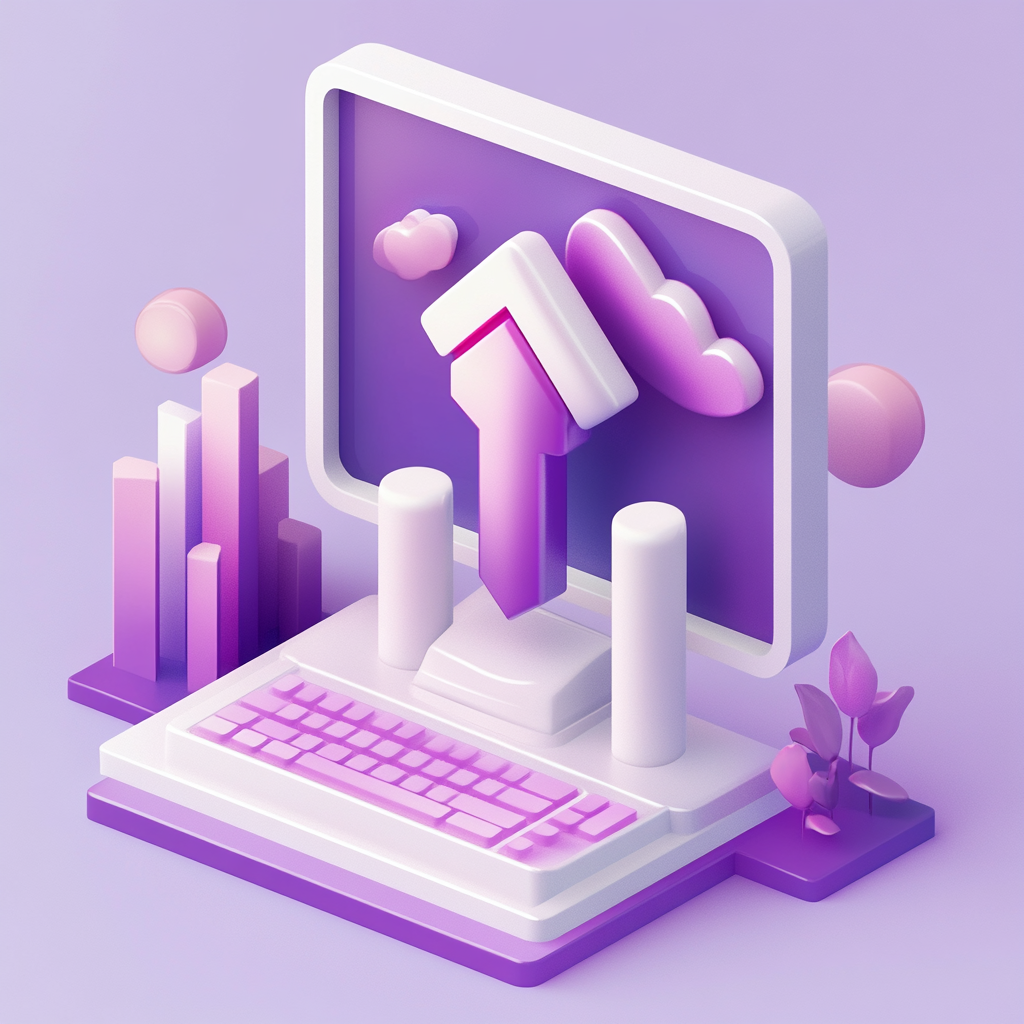 3D arrow in computer with white, purple, pink tones.