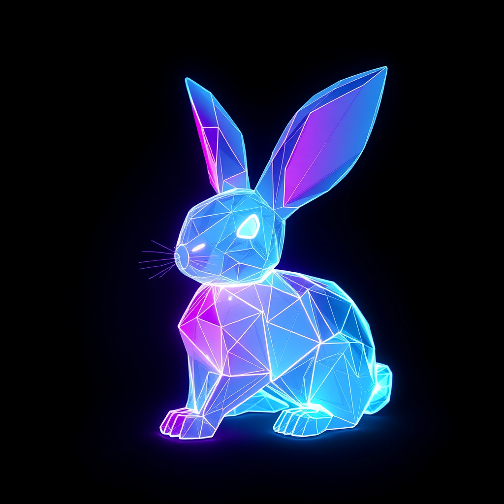 3D bunny made of neon fibers in black void.