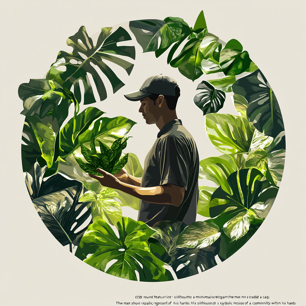 3D circular logo with man poses, plants, and community.