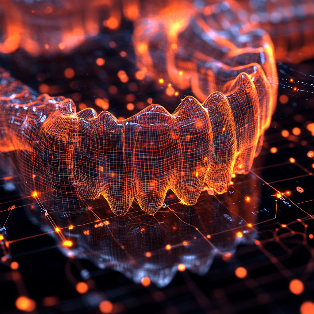 3D dental implant model with wireframes, grid lines, data.