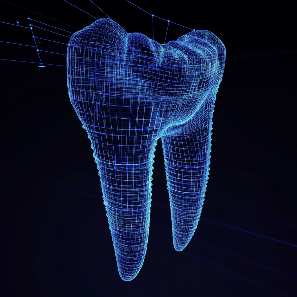 3D dental implant model with wireframes and grid lines.