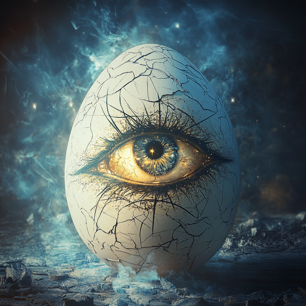 3D digital art of cracked egg with eye sketch.