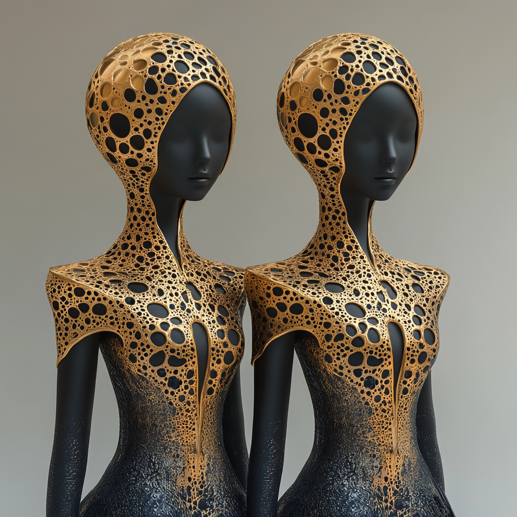 3D digital design of elegant women in black and gold.