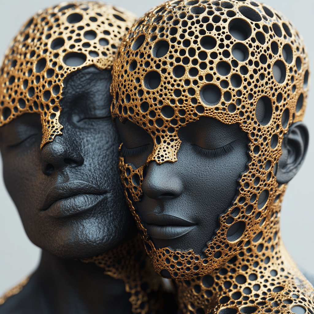 3D digital sculpture of serene man and woman.