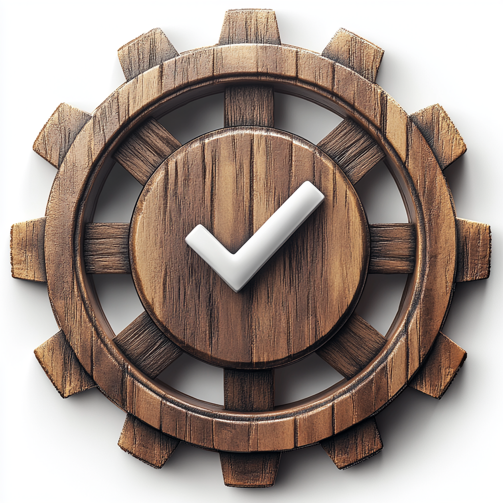 3D gear with wooden texture and modern checkmark.