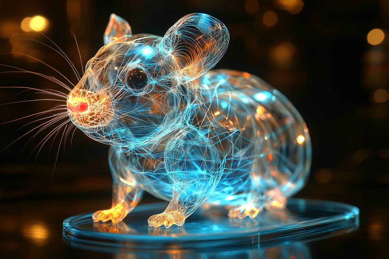 3D geometric hybrid hamster in fluorescent neon optic fibers.