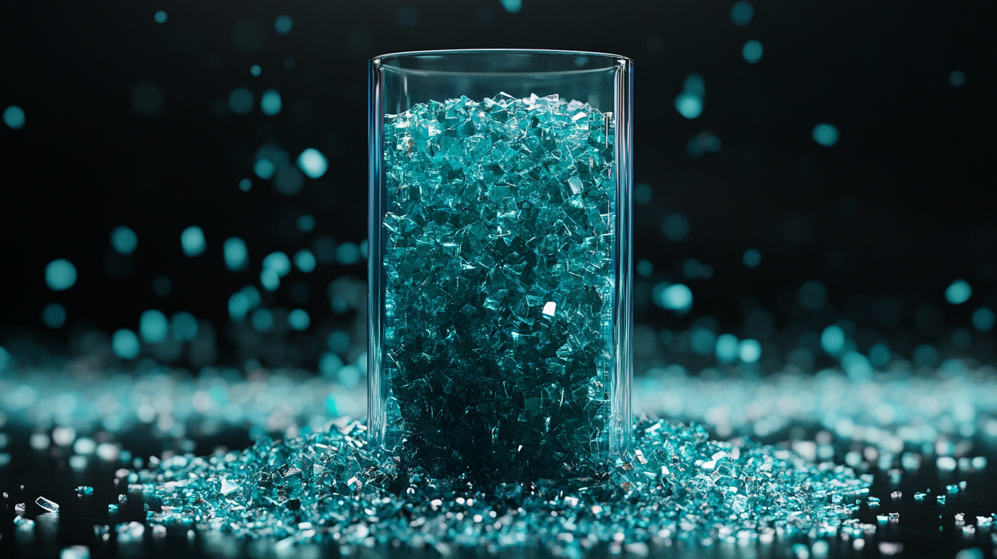 3D glass object with blue-green sand, black background.