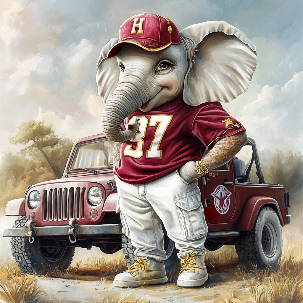 3D hyper realistic caricature of an Alabama crimson tide elephant.