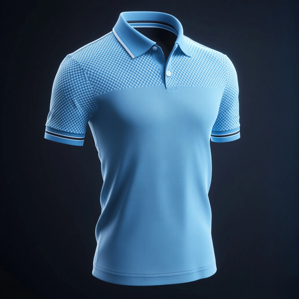 3D image of men's polo with jacquard fabric. Texture, design, unique placket, and stripe on collar. Realistic and floating in the air light blue.