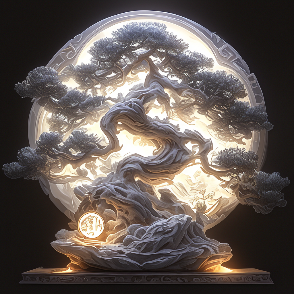 3D-printed oak tree sculpture with LED lights, rocks.