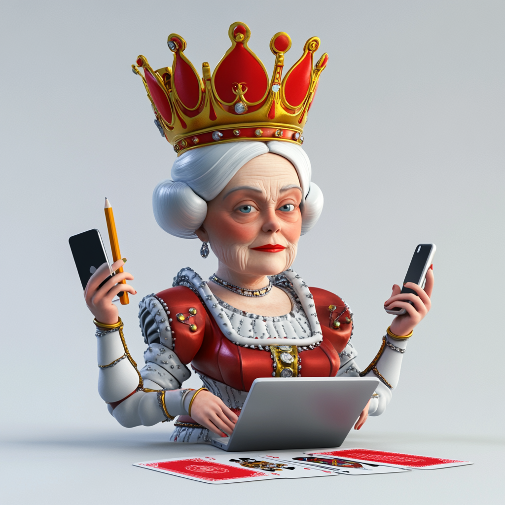 3D queen character from playing card, multi-tasking queen.