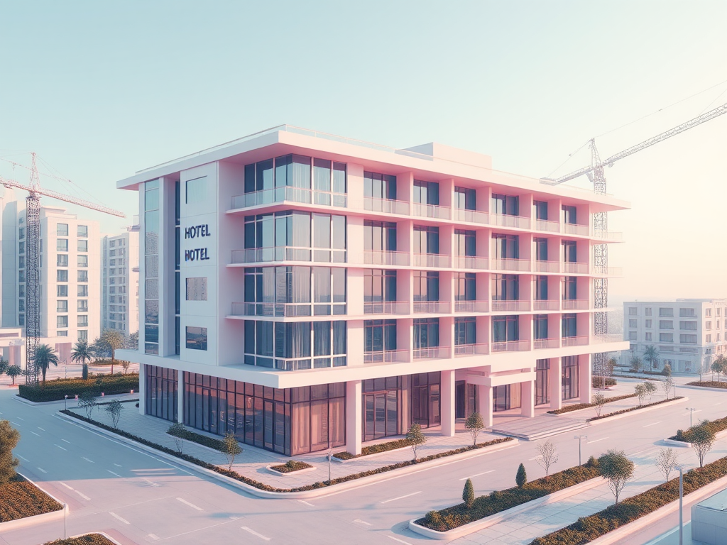 3D render of modern hotel construction with soft colors.