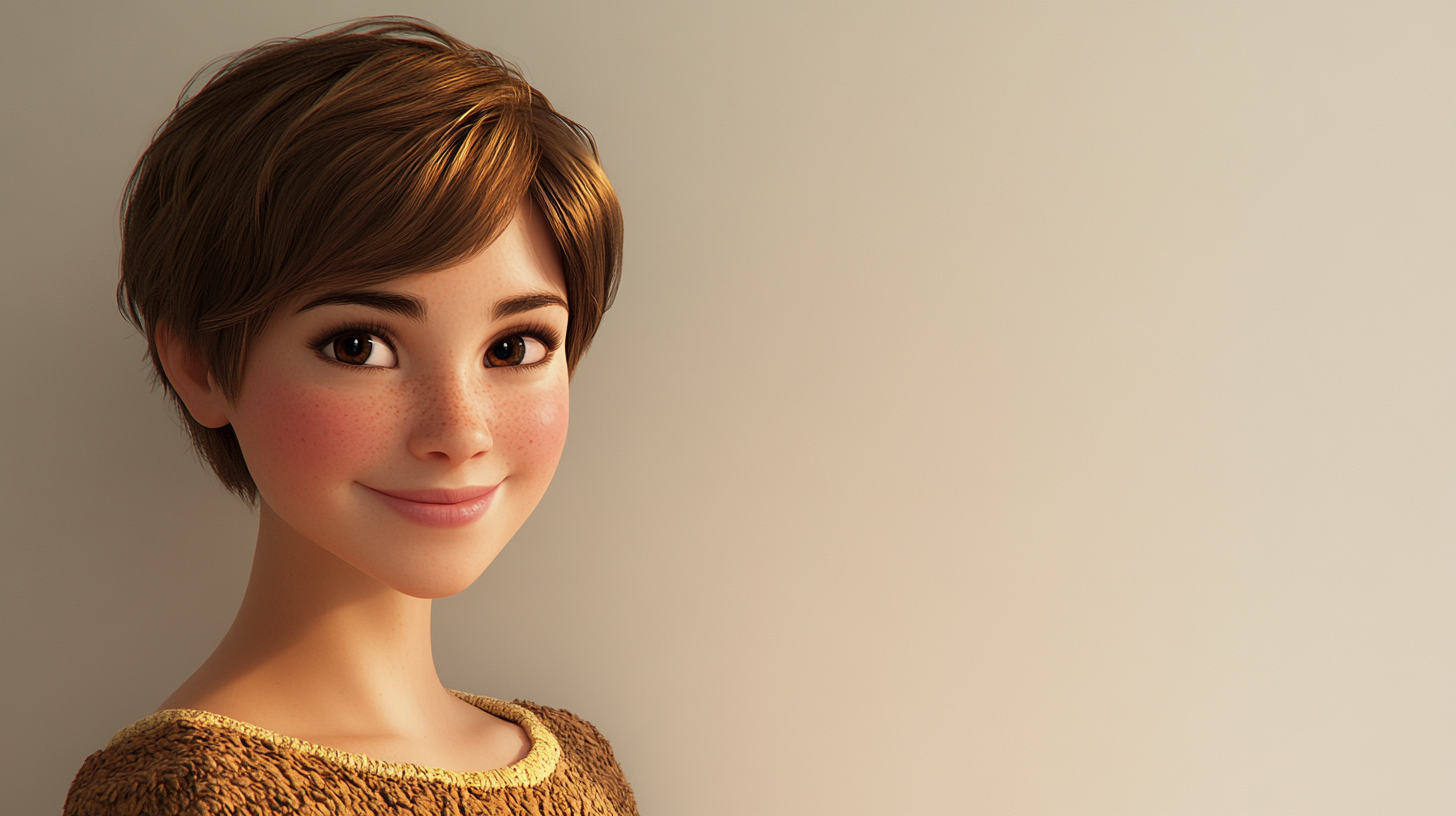 3D render woman, short hair, warm smile, Mexican-style clothing.