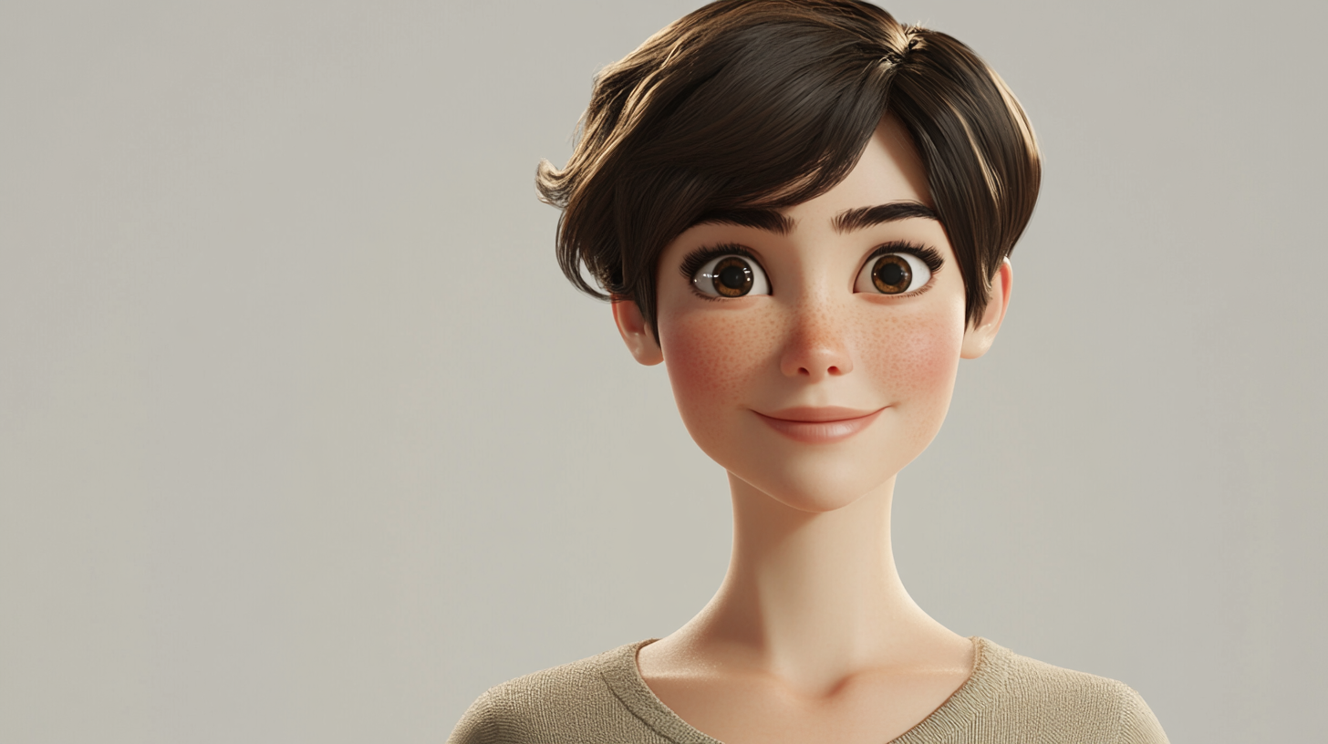 3D render woman, short hair, warm smile, friendly demeanor