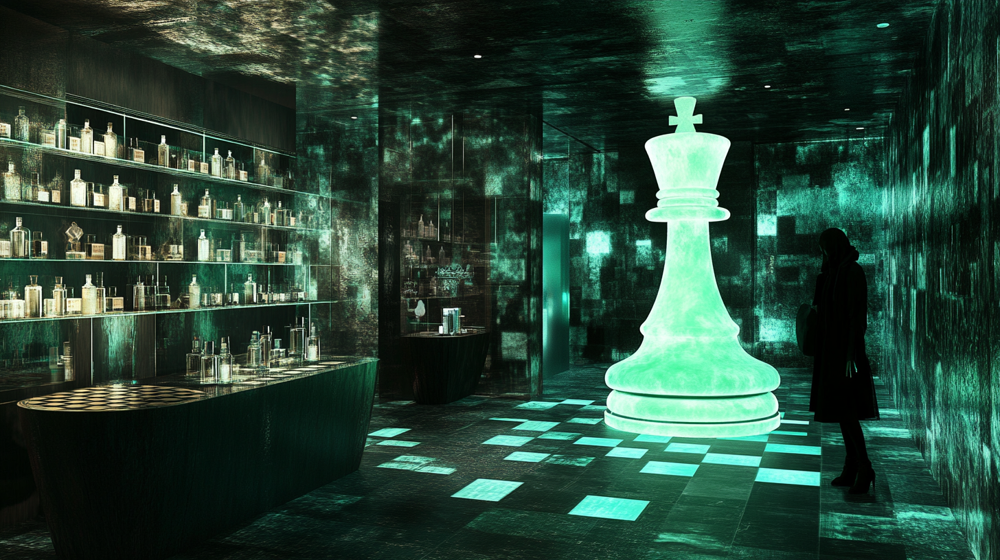 3D rendering of pop-up store with giant chessboard.