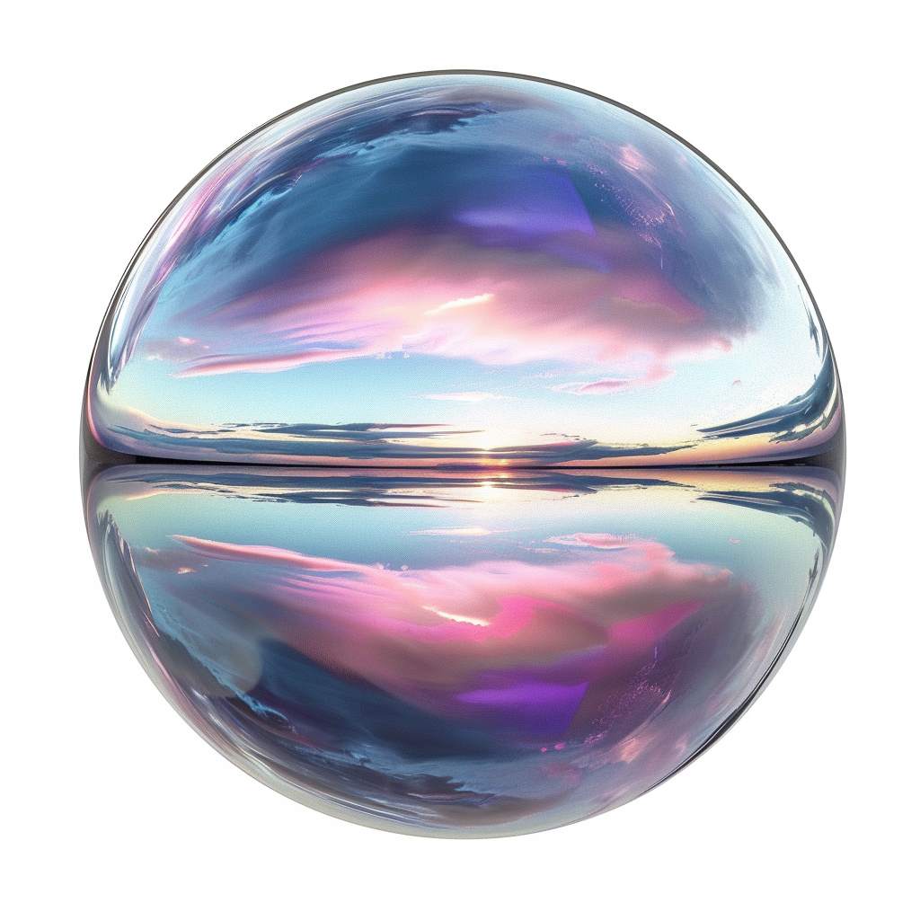 3D sphere with metallic, reflective, iridescent finish on background.