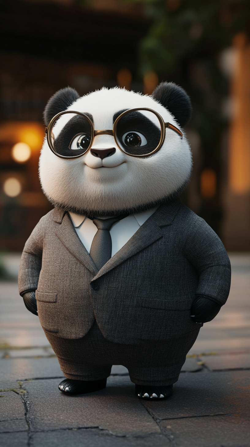 3D style cute, chubby panda, wearing tight suit.