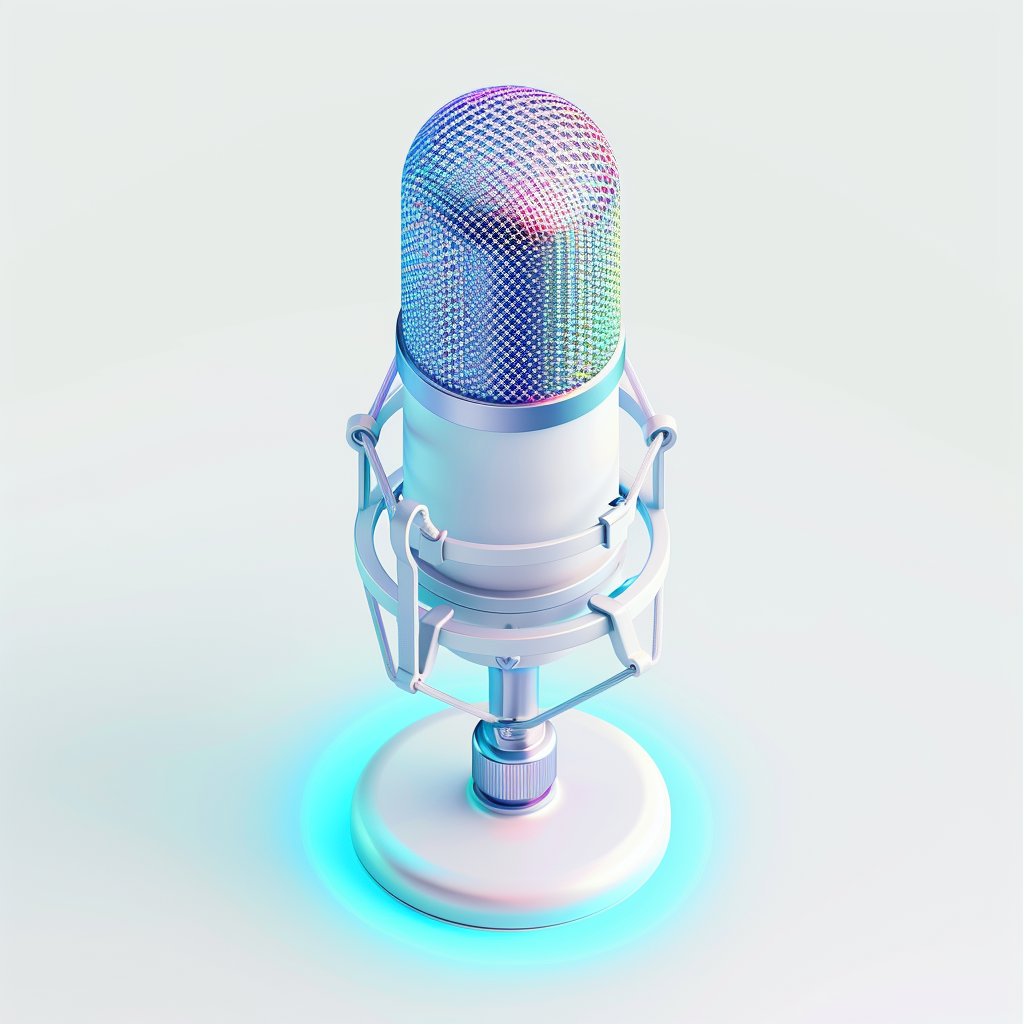 3D white, iridescent microphone icon on white background.