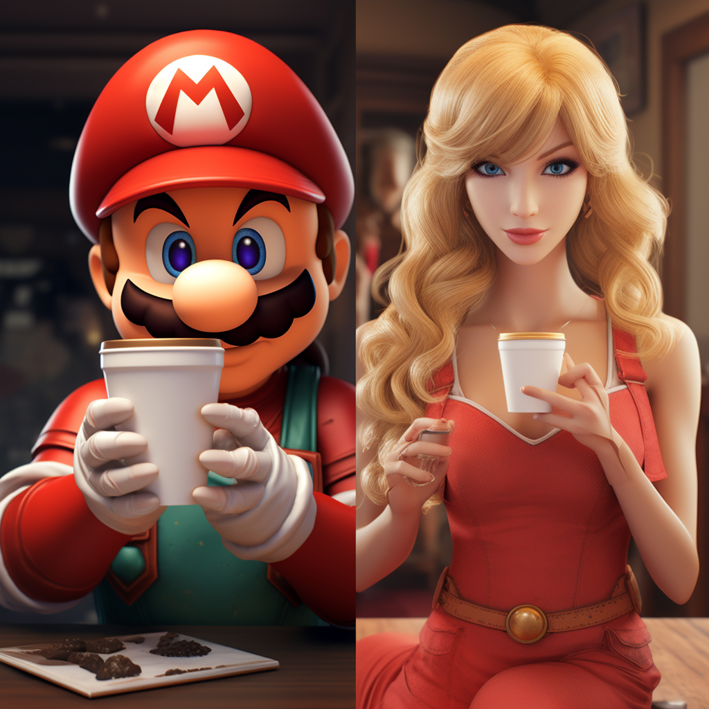 3D cartoon Taylor Swift drinking tea with Nintendo's Mario