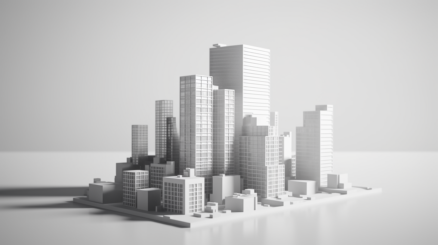 Impressive 3D skyscraper with surrounding smaller buildings