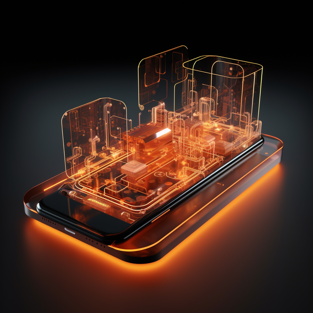 3D Smartphone Perspective with Orange Lights and Shapes