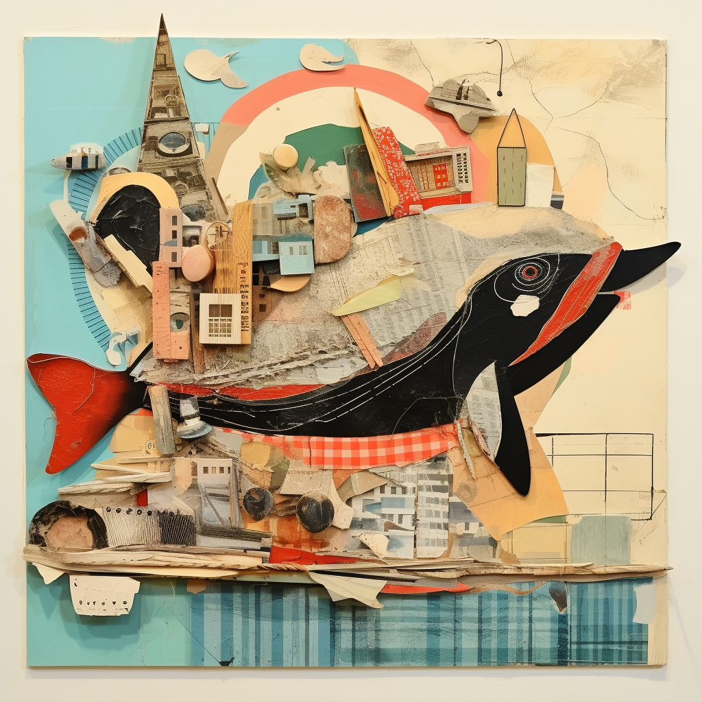 3D whale collage artwork in Kurt Schwitters style