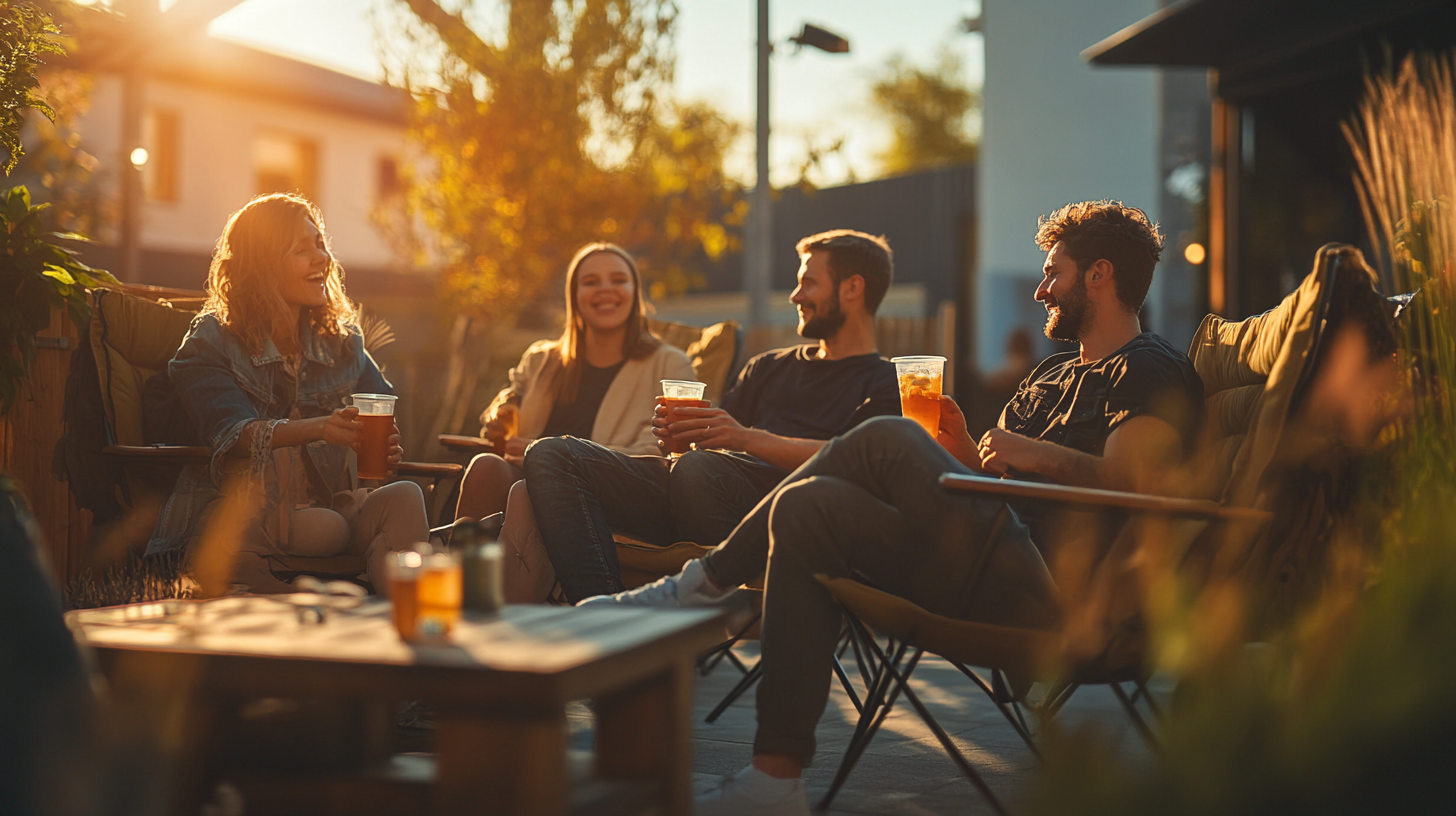 Group of friends enjoying soft drink outdoors