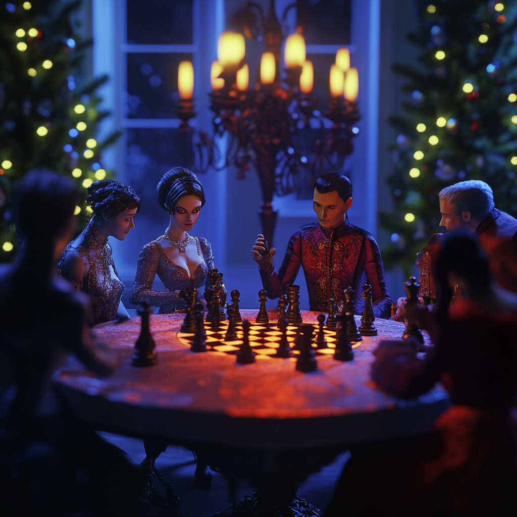 4 models in costumes play 3D chess intensely.