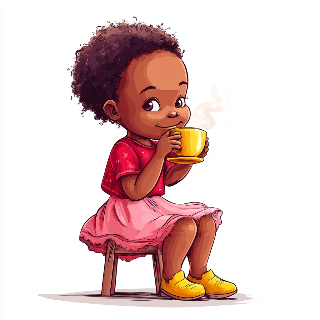 4-year-old South Sudanese girl sips hot tea, smiling.