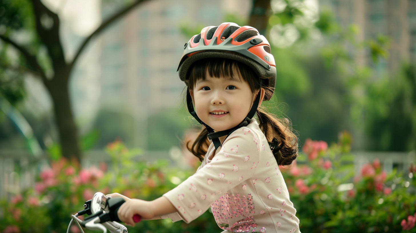 Chinese girl riding bicycle in park