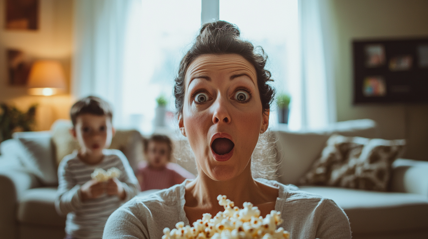 40 year old artsy mom shocked eating popcorn.