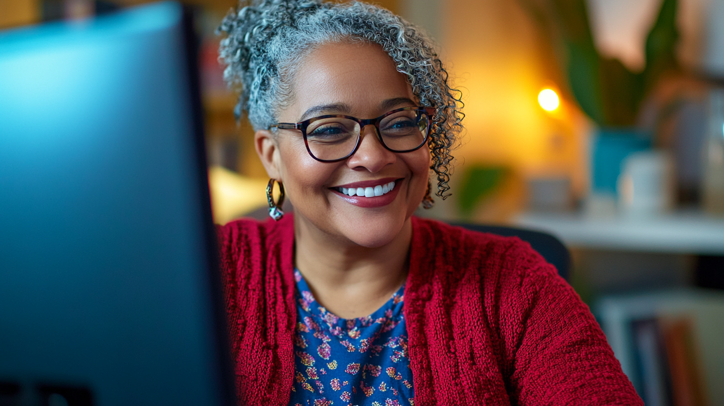 40-year-old lesbian woman smiling, engaging in virtual meeting.