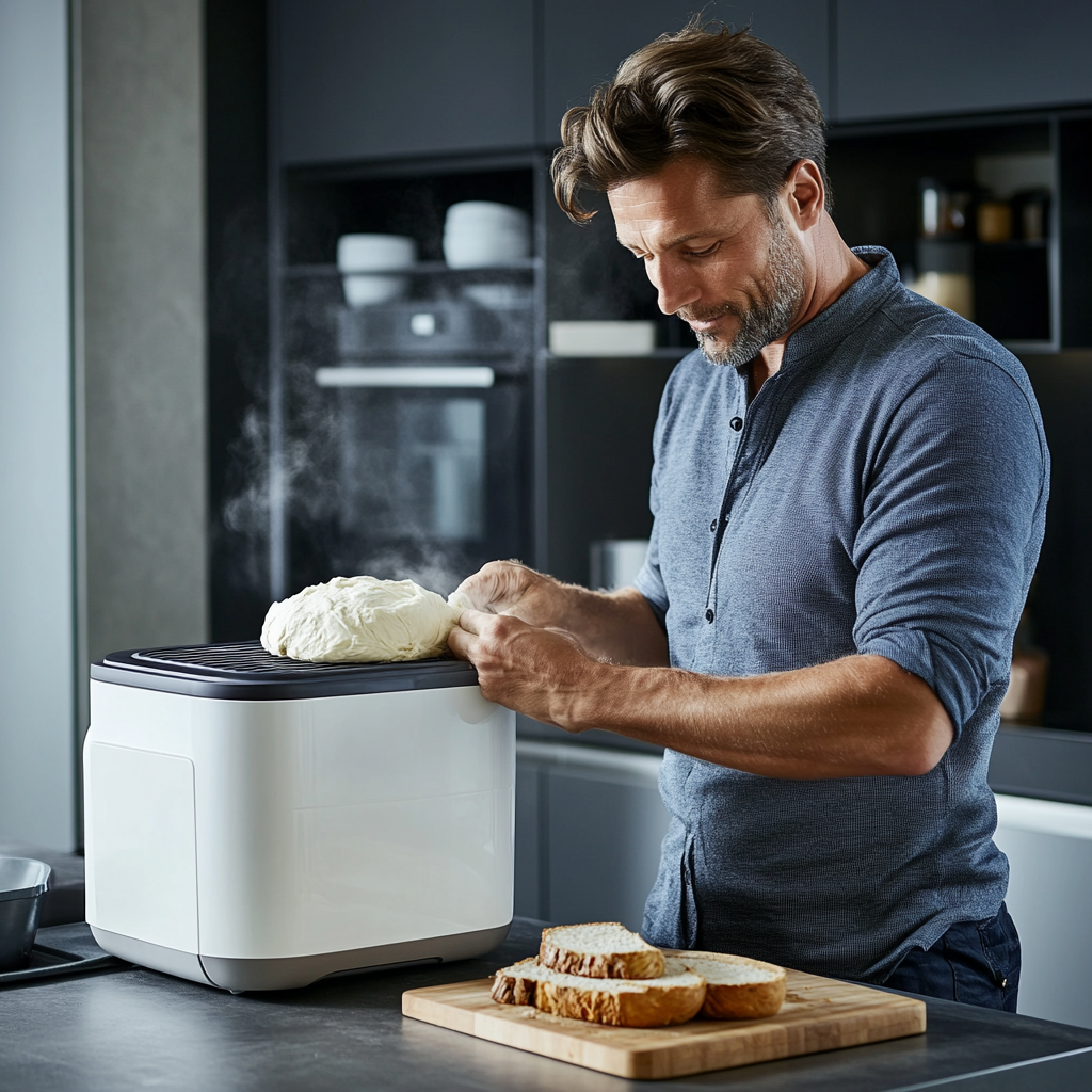 40-year-old man puts frozen bread dough in machine.