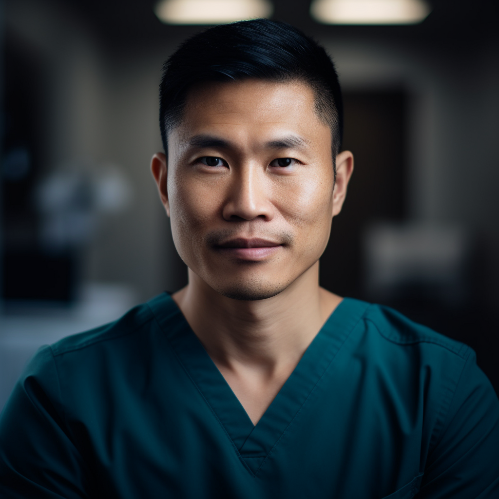 Handsome Chinese Male in Scrubs at Clinic