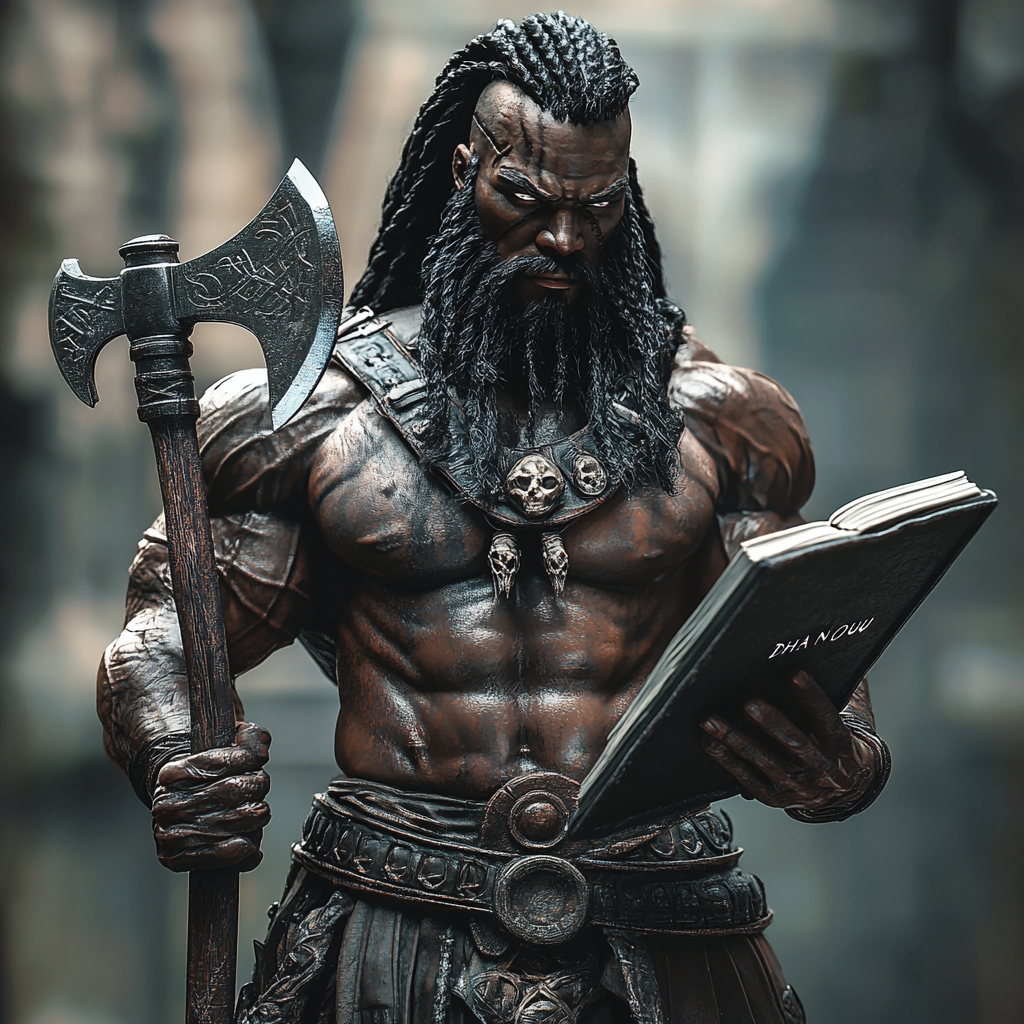 40mm Viking god, African features, long black hair, notebook.