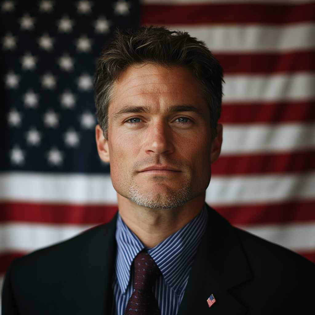 42-year-old American male Mayor with flag background, 2006 photo.