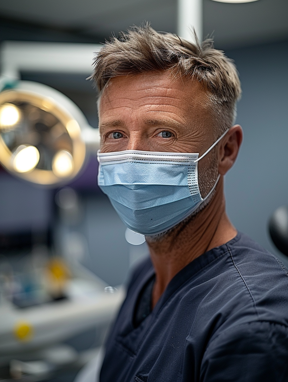 45-year-old male nurse smiling in mask, taking selfie. Canon camera with 5.2 aperture. Mirror, camera settings displayed.