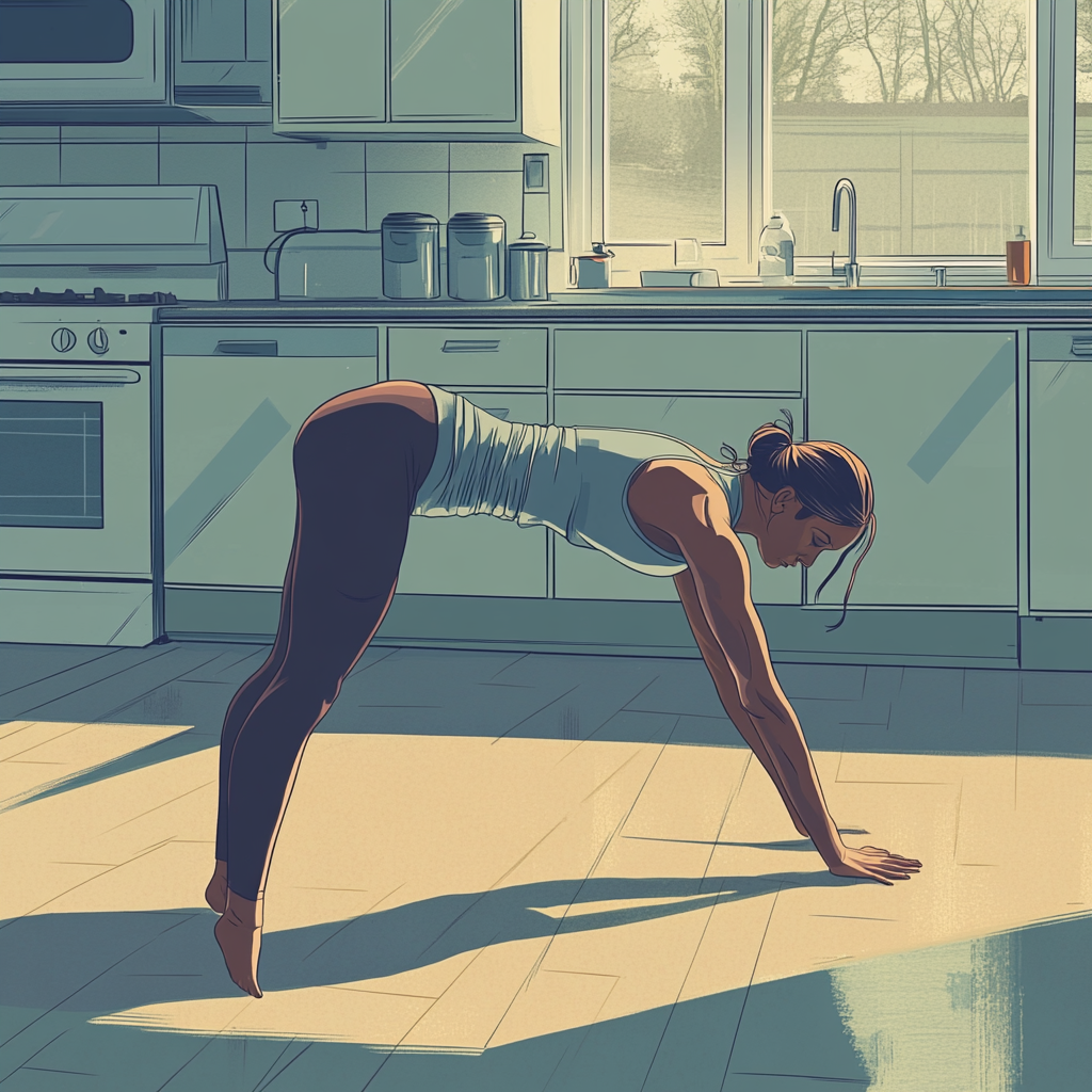 45-year-old woman in tights planking in kitchen.