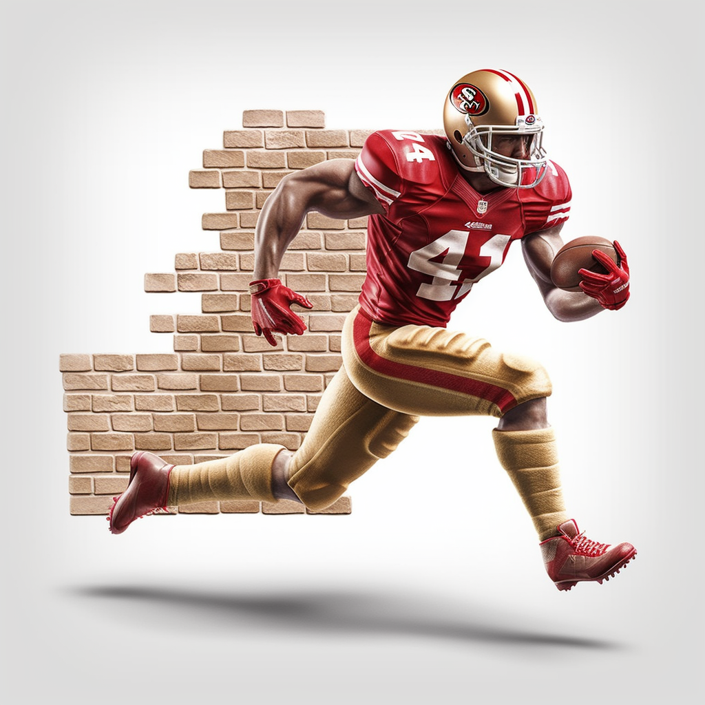 49ers football player breaking through brickwall