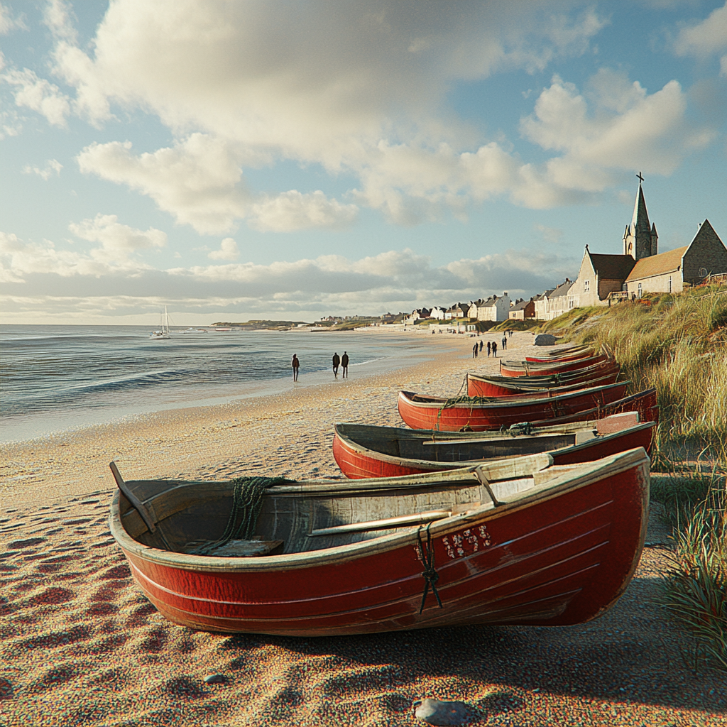 4K photo-realistic beach view with fishing village in England.