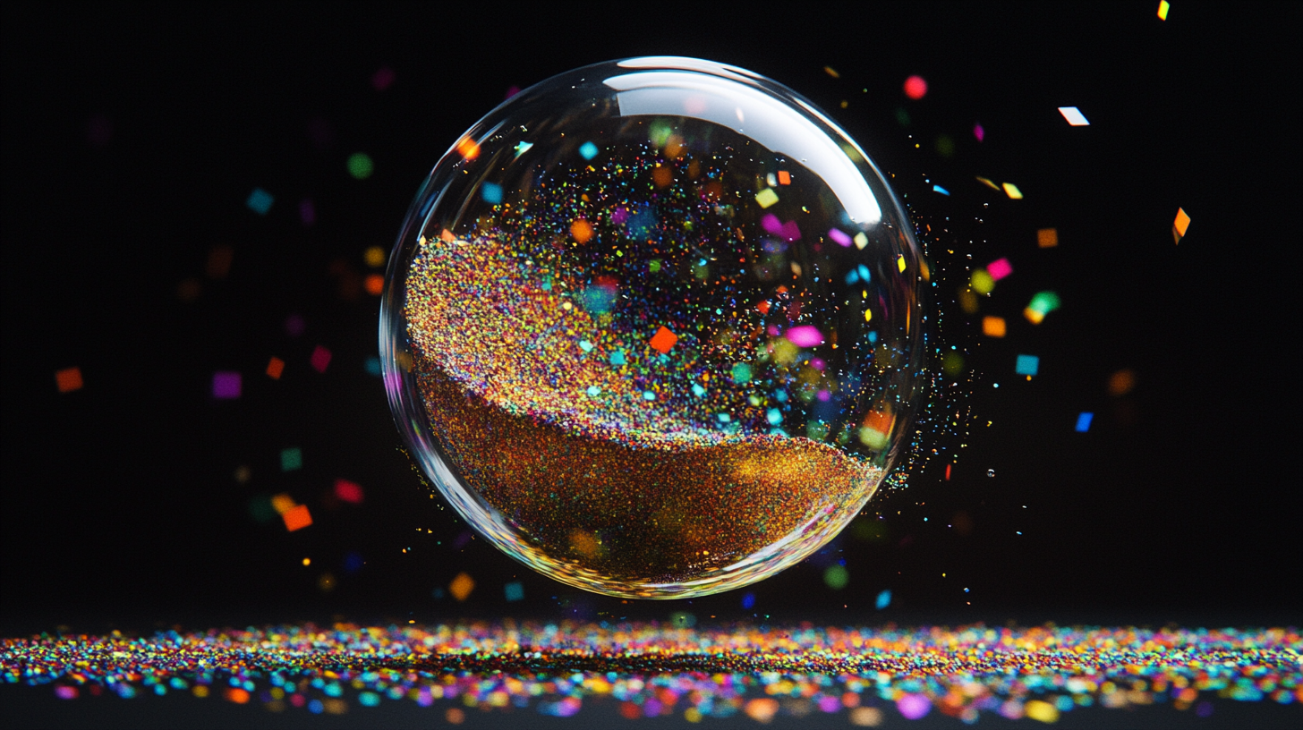 4k 3D glass object with colorful sand in air.