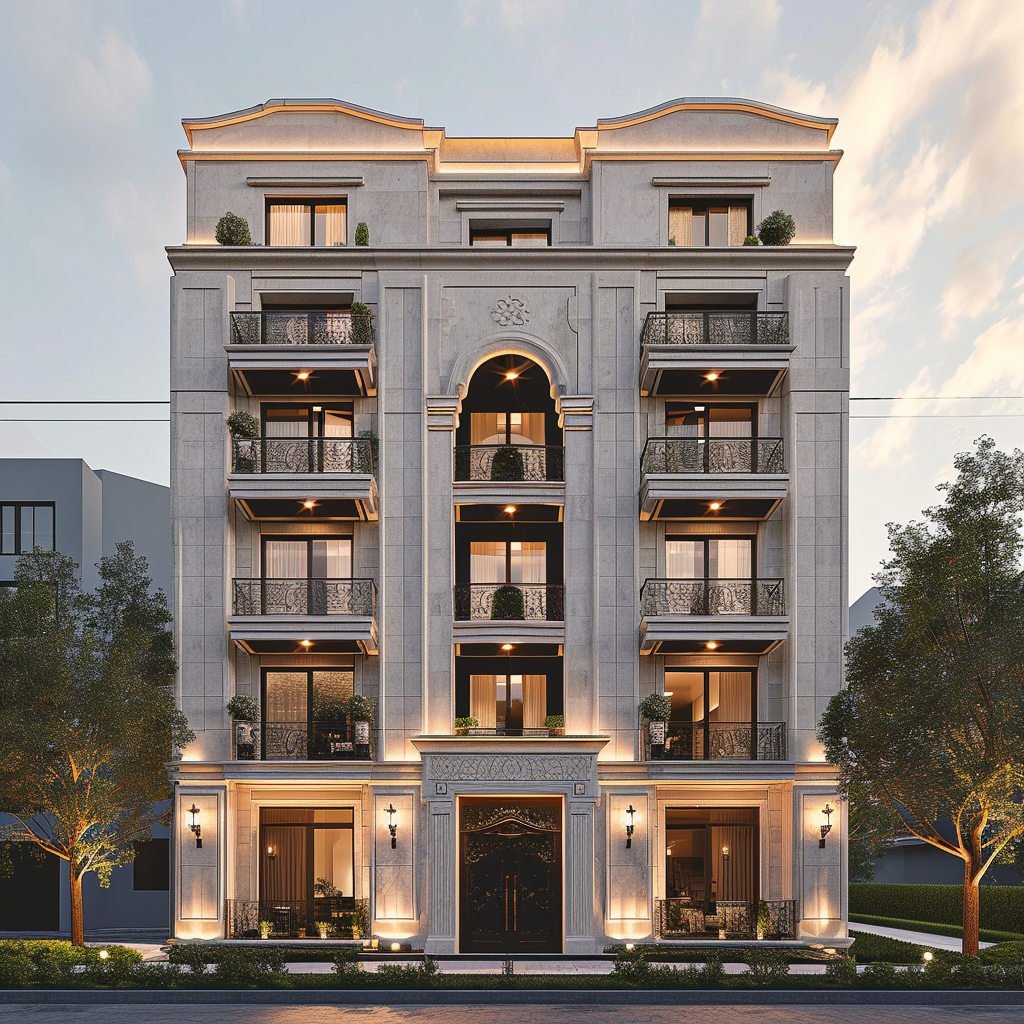 5-story building with travertine stone facade