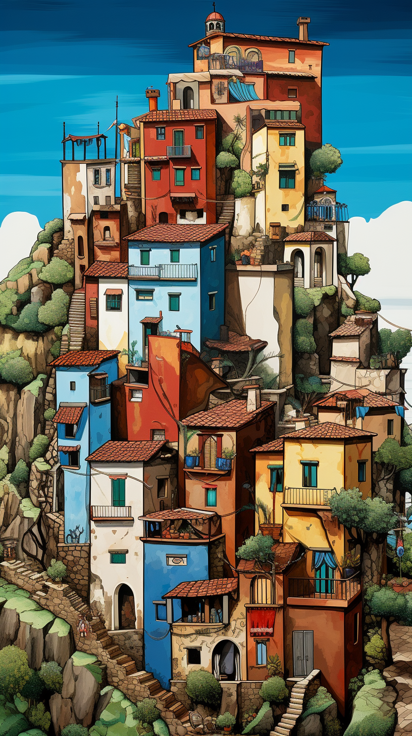 Detailed cartoon illustration of the picturesque 5 Terre village