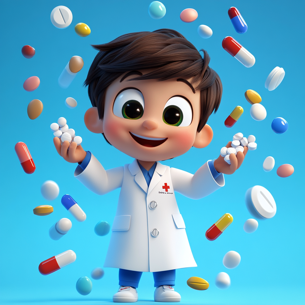 5-year-old boy in pharmacist outfit with pills.