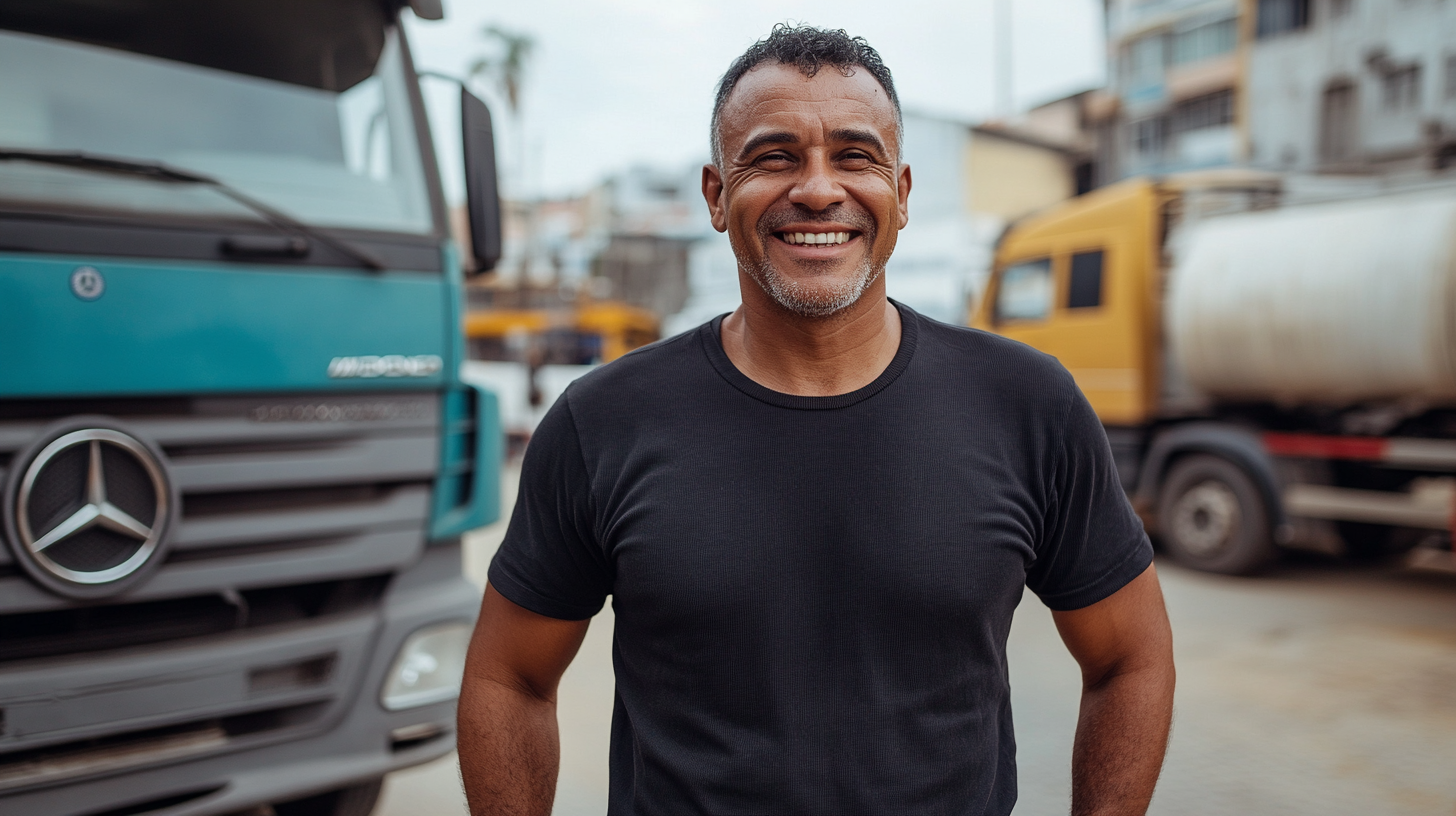 50-year-old Brazilian man smiles playing soccer, standing with trucks.